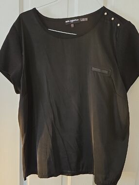 Karl Lagerfeld Black Short-Sleeve Blouse with Pearl Shoulder Buttons